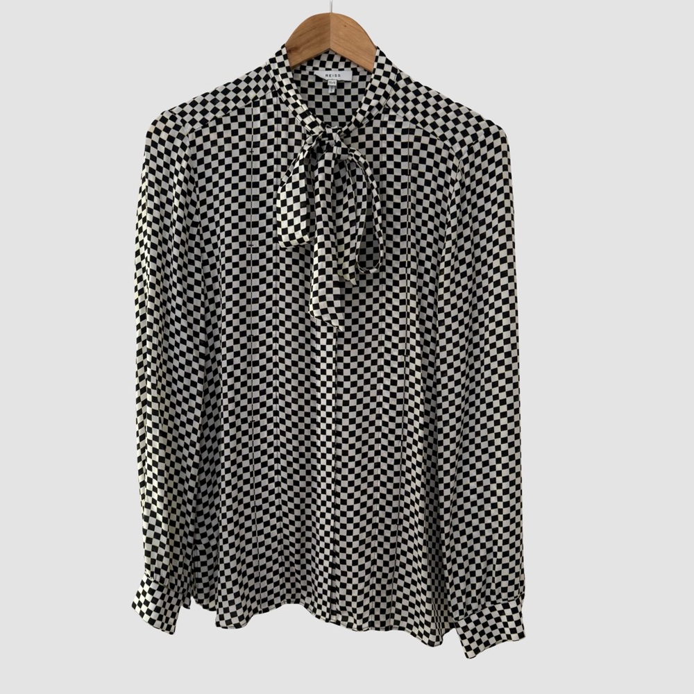 REISS Long Sleeve Bow Neck Button Down Check Print Blouse US 8 - Picture 1 of 7